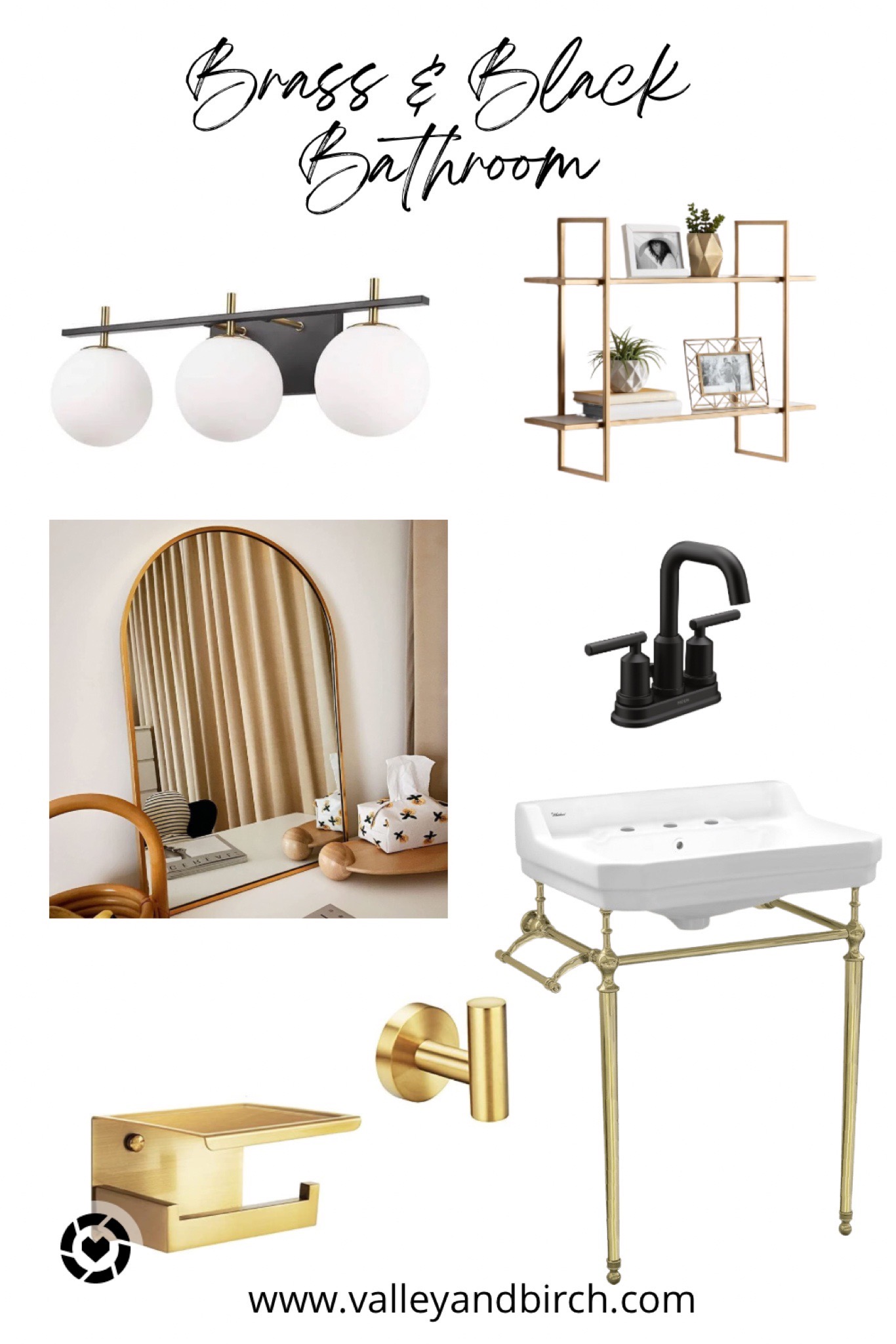 Gold and black contemporary bathroom features a brass waste basket placed  beneath on black and wh…
